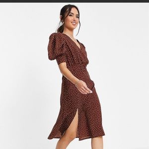 Puff sleeve midi dress Brown with white polka dots from ASOS NEW WITH TAGS
